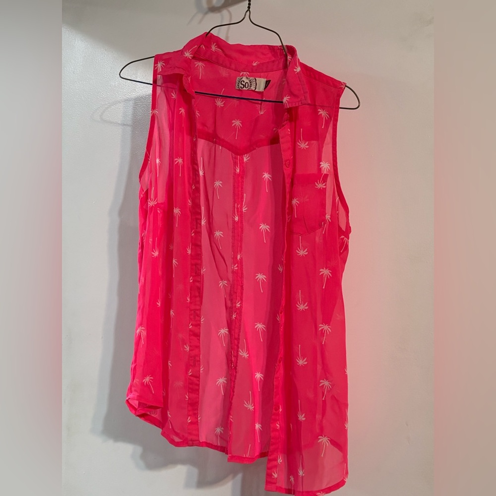 SO Vibrant Pink Palm Print Sleeveless Tank Top